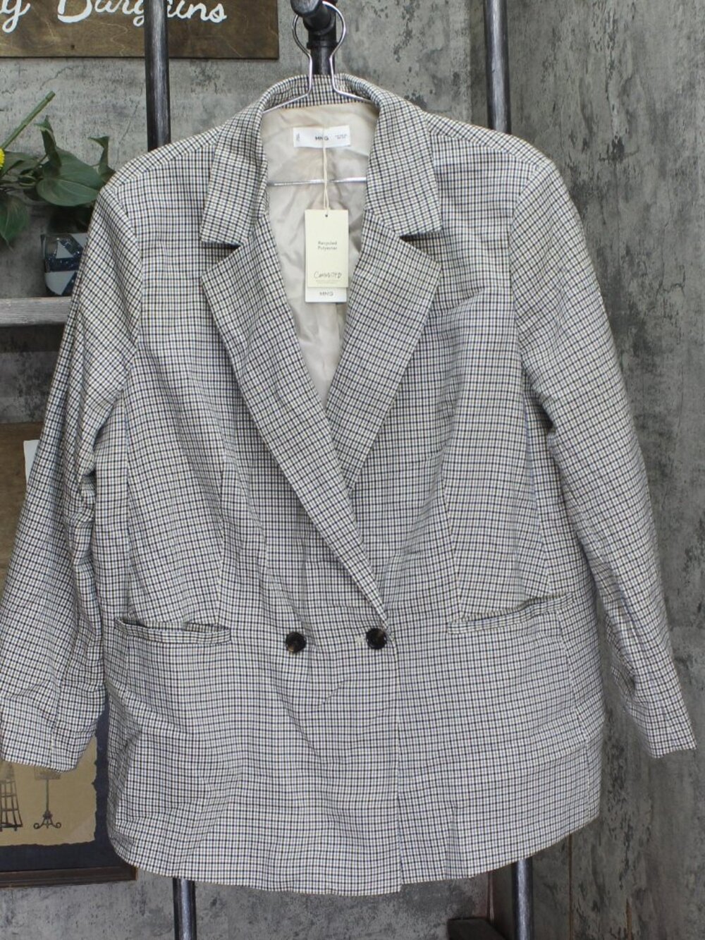 Mango Brown Double Breasted Check Blazer Coat Jacket Charlotte Multi Sz 2XL